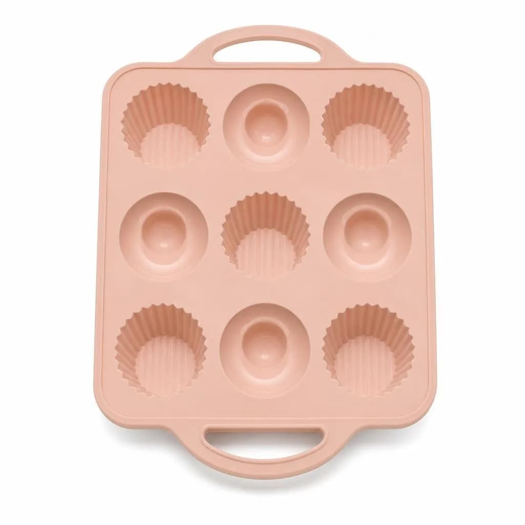 Silicone Cupcake Mould Tray - 9 Cavities in Two Textures with Handle, Peach
