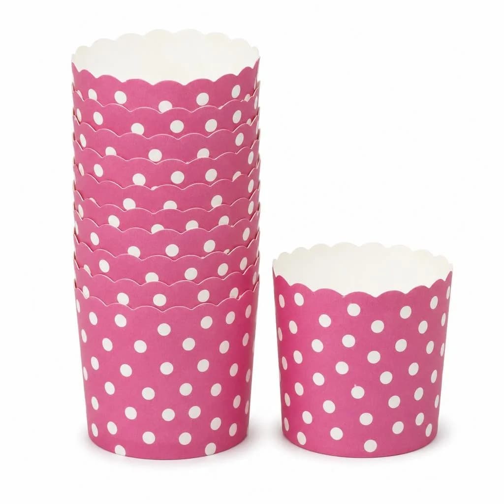 Tall Paper Muffin Cups, Pack of 10 - Pink with White Polka Dots, Baking Cases for Cupcakes, 6 cm