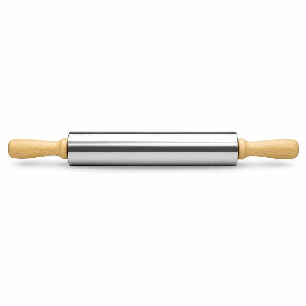 Rolling Pin - Stainless Steel Barrel, Wooden Handles, Silver and Natural Wood, 38 x 5.5 cm