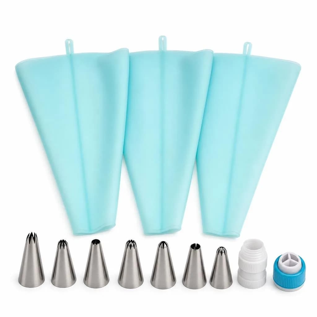 Silicone Piping Bag Set with Metal Nozzles and Accessories - Reusable Bags for Cake Decorating, Teal